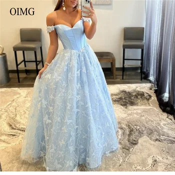 OIMG Šviesiai Mėlyna Linija Ilgai Prom Dresses nuo Peties Brangioji 3D Gėlės Grindų Ilgis Vakare Chalatai Moterims Occaison Suknelė