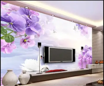 Pasirinktinius nuotraukų freskos 3d tapetai Svajinga violetinė alyva gėlės balandžių swan namų dekoro kambarį tapetų sienos, 3 d ritininis