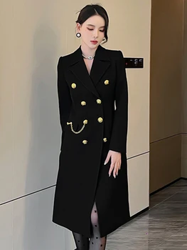 Pavasarį Ilgai Striukės Moterims 2022 Elegantiškas Juodas Kostiumas Kailis Dvigubo Breasted Grandinės Švarkelis, Moterų Drabužiai Office Streetwear