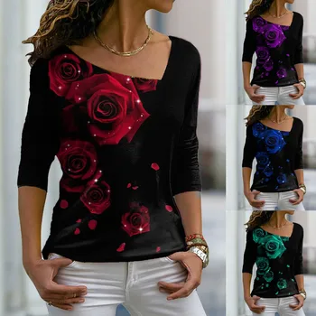 Pavasarį, Vasarą, antgaliai, Skirti Moterų Rožės Print Long Sleeve T-Shirts Lady 90s Mergaitės Nerijos Apykaklės Estetinės Grafinis Tees Streetwear 2023
