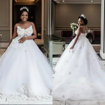 Pietų Afrikos Linija, Vestuvių Suknelės, Brangioji Kaklo 3D Nėrinių Appliques Vestuvinės Suknelės Princesė Valymo Traukinio Vestuvinė Suknelė