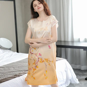 Ponios Hangzhou Nekilnojamojo Šilko Skraiste Pižamą Moterų Spausdinti Bedgown Suknelė 2022 Sleepwear Natūralaus Šilko Nightdress Rūbeliai Didelio Dydžio