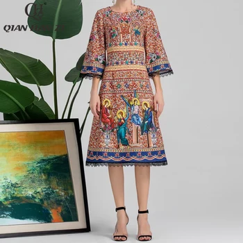 Qian Han Zi pavasarį, rudenį dizainerio mados kilimo ir tūpimo tako suknelė Sudegintasis rankovėmis Retro Nėrinių Modelio Spausdinti slim midi suknelė