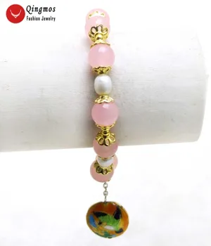 Qingmos Madinga Gamtos Perlas & Jades, Apyrankės Moterims su 10mm Rožinė Jades ir Baltųjų Ryžių Pearl & Cloisonne Apyrankė -bra380