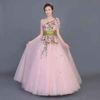 rožinė vieno peties gėlių lapų vynuogių siuvinėjimo kamuolys suknelė dramos etape Suknelė Kostiumas Viktorija marija Antuanetė 