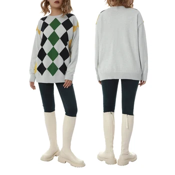 Rudenį ir žiemą naujas moterų rhombic geometrinis modelis atspausdintas o-kaklo megztinis, mados ir laisvalaikio prarasti ilgomis rankovėmis megztinis