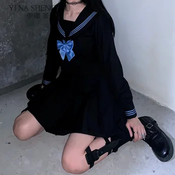 Sailor Suknelė Tiktų Merginoms Japonijos Korėja Stiliaus Jk Mokyklinę Uniformą Ilgomis Rankovėmis Juodas Klostuotas Sijonas Naujas Akademija Kawaii Cosplay Kostiumas