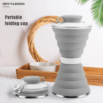 Silikono puodeliai nešiojamų didelės talpos, lauko taurės 500ML verdančio vandens puodelį multi-funkcija suspaudimo taurės lankstymo kelionės taurė