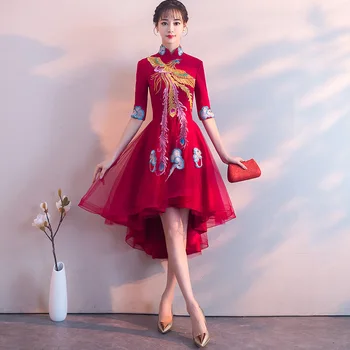 Siuvinėjimo Phoenix Tradicinės Kinų Moterų Cheongsam Elegantiškas Pusę Rankovės Vestuves Nuotaka Tinklelio Suknelė Vintage Cheongsam