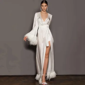 Sklandžiai V-kaklo Satino Suknelė ilgomis Rankovėmis Moterims Drabužių Grindų Ilgis Vakaro Suknelės Ilgas Apdaras Off Baltos Plunksnos Suknelė pagal Užsakymą