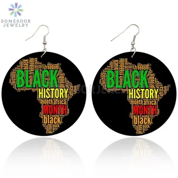 SOMESOOR Juodosios Afrikos Istorija Mėnesį Žemėlapio Dizaino Medžio Lašas Auskarai Dvigubus Šonus Spausdinti Laisvės Raštus Tabaluoti Moterims, Dovanos