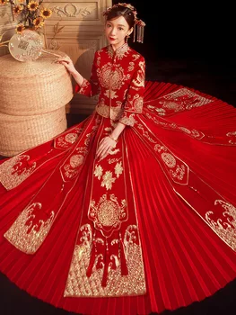 Tradicinės Kinų Gėlių Phoenix Siuvinėjimo Cheongsam Pora Vestuvių Kostiumą Elegantiškas Bride Tuoktis Suknelė китайская одежда