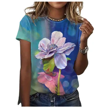 Vasaros Moterų Mados Trumpas rankovėmis T-shirt O-kaklo Poliesteris 3D Spausdinimo Gėlių Atsitiktinis Palaidų Viršų Miesto Elegantiškas Drabužiai