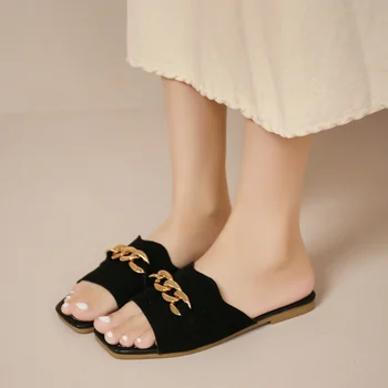 Vasaros Moterų Šlepetės Mados Dizaineris Platforma Metalo Grandinės Sandalai Odiniai plokščiadugnis Sandalai Open Toe Bateliai Atsitiktinis Skaidrės