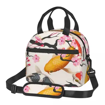 Šviežių Aušintuvas Maišelį Koi Žuvų Ir Sakura Vyšnių Modelis Nešiojamų Šilumos Pietūs Krepšys Moterims Priešpiečių Dėžutė Nešti Maisto Maišą