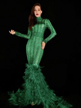 Žalia Šviečia Cirkonio Sexy Ilga Undinėlės Suknelė Moterims Vakare Šalies Drabužių Etape Dainininkas Kostiumai Drag Queen Komplektai